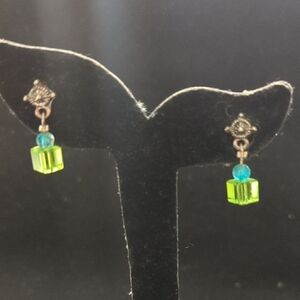 Silver Tone Blue and Green Cube Dainty Dangle Statement Earrings